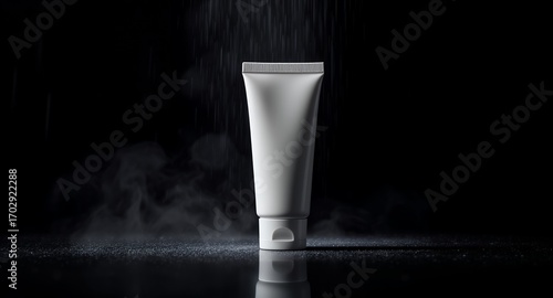 White cosmetic tube mockup, dark background, rain effect, beauty product packaging, skincare template, elegant design, studio shot