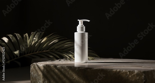 White Pump Bottle Product Mockup on Marble with Tropical Leaf Shadows