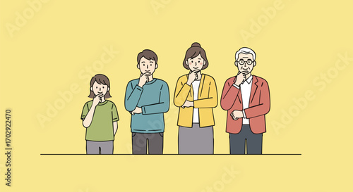Diverse family members in different ages ponder important decisions with thoughtful expressions