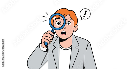 Surprised man with red hair stares through magnifying glass, discovering something astonishing