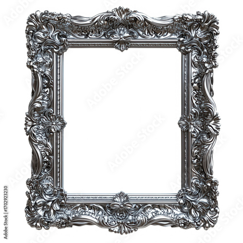 Ornate antique silver picture frame with intricate rococo scrollwork and floral embellishments isolated on transparent background