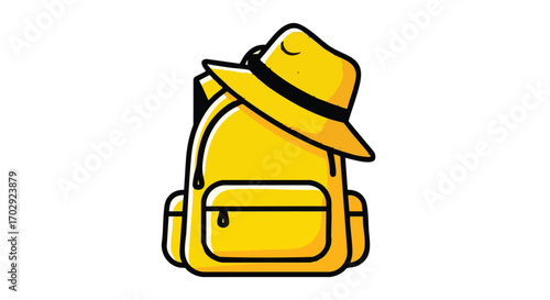 Bright yellow backpack with a stylish straw hat, perfect for summer adventures and travel.