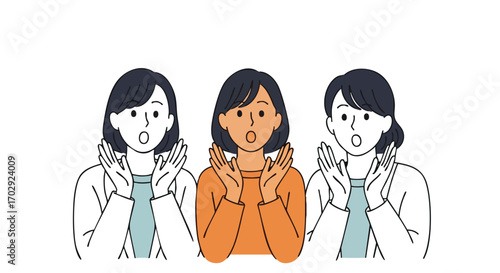 Three surprised women react with astonishment, hands raised to faces in shared amazement