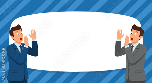 Urgent business announcement with astonished men framing a blank message area for your modern campaign
