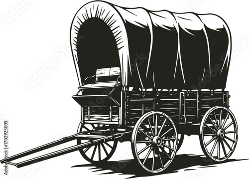 Black and White Vector Illustration of a Covered Wagon
