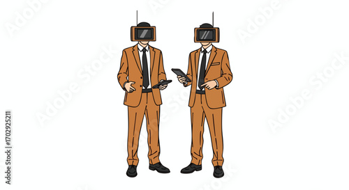 Two businessmen with vintage TV heads holding smartphones in a surreal business concept