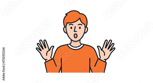 Young man with surprised expression and raised hands, conveying shock and disbelief
