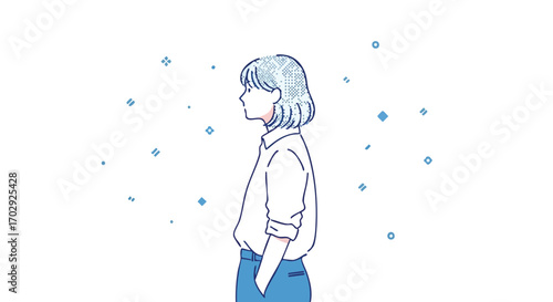 Young professional woman in stylish outfit contemplating future possibilities in minimalist design
