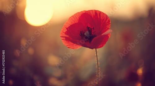 remembrance. A vibrant red poppy flower in a sunset-lit field, representing remembrance and natural beauty. inspiring travel planning.