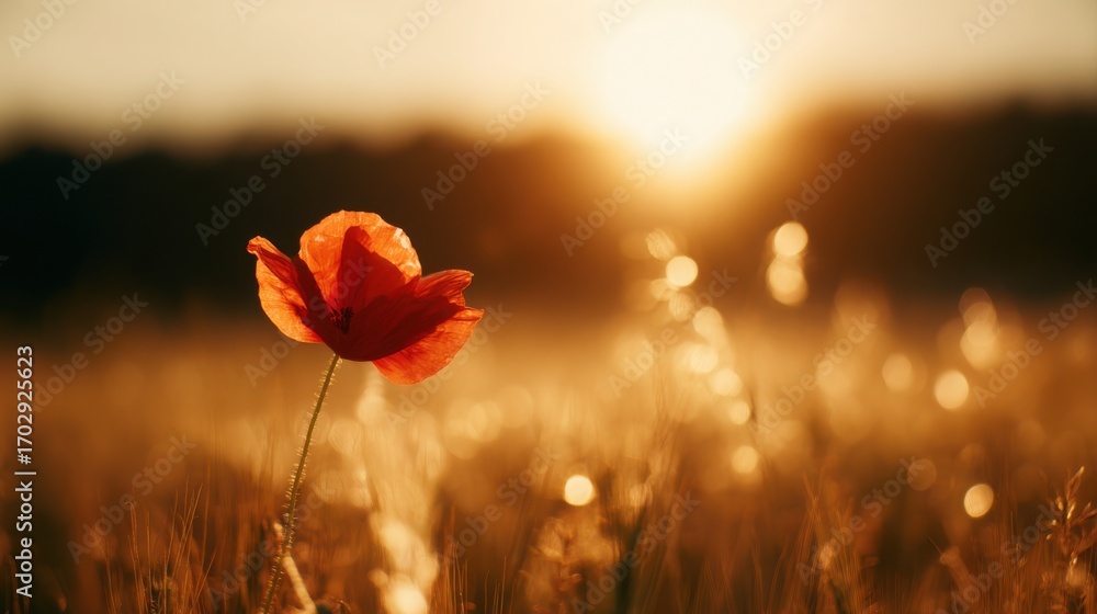 Obraz premium remembrance. A vibrant red poppy flower in a sunset-lit field, representing remembrance and natural beauty. inspiring travel planning.