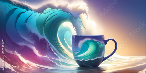 Ocean wave mug illustration with surreal abstract design. Dreamy ceramic coffee cup artwork inspired by the sea and waves. Abstract ocean themed ceramic mug with flowing wave patterns.