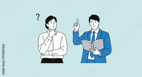 Business mentor shares knowledge with confused student, offering clear solutions and guidance.