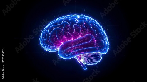 Futuristic glowing hologram of artificial intelligence brain on dark background