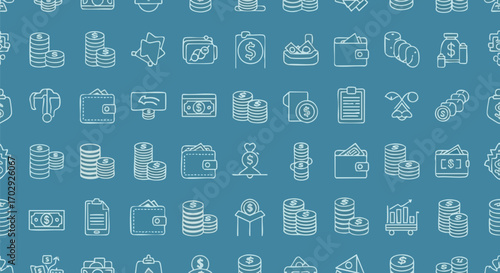 Modern financial icons pattern showcasing coins, wallets, cash, and charts for business growth