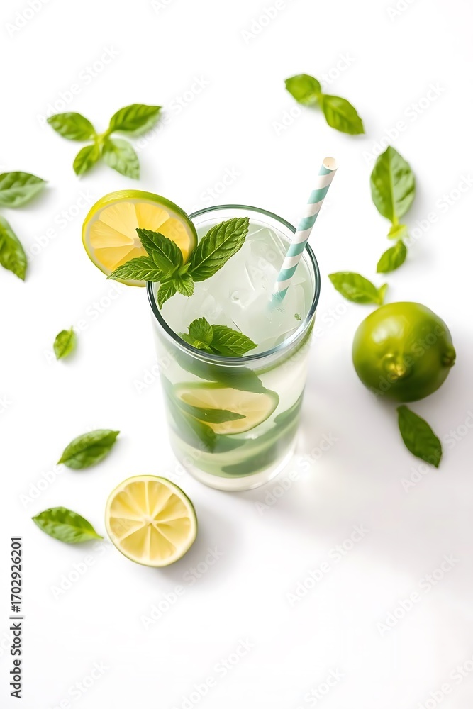 Fototapeta premium Refreshing basil lime mojito cocktail for summer party promotions and vibrant drink menus, a cool and thirst quenching beverage