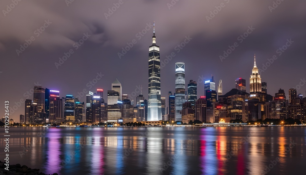 Naklejka premium City Skylines with Reflected Water at Night – urban, architecture