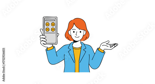 Boost your mood with our app, cartoon woman promoting happiness tracker on her phone with a smile