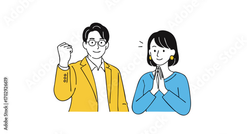 Joyful business partners celebrating success with raised fist and grateful gesture, teamwork achievement