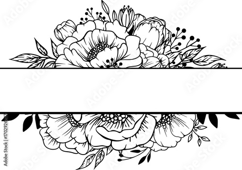 Black and White Floral Frame. Hand-Drawn Floral Border. Vector Graphic Element.