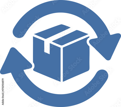 Vector icon of a cardboard box with circular arrows representing product returns, order exchange, and recurring delivery services