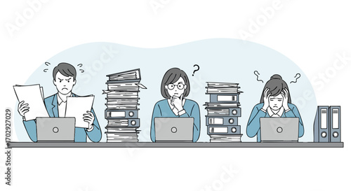 Overwhelmed business professionals struggling with heavy workloads and stress in a chaotic office environment.