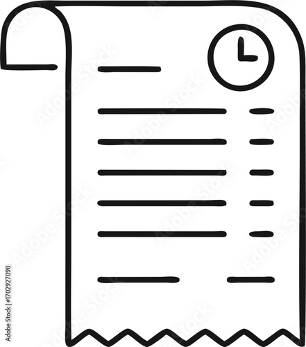 Simple hand-drawn doodle icon of a financial receipt or bill paired with a clock symbol, signifying timely payments, expense tracking, and deadline management