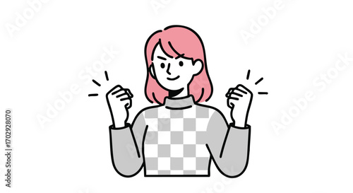 Determined woman celebrating achievement with powerful fist pumps, radiating confidence and success