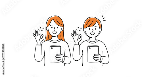 Smiling couple holds tablets and gives OK gesture signaling approval and good news in modern style