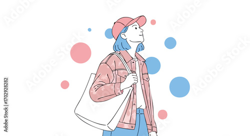 Stylish young woman with blue hair and tote bag looking up dreamily amidst pastel bubbles