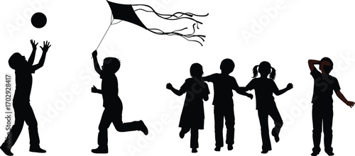 Children, playing, outdoors, silhouette, fun, active, joyful, movement, friendship, summer, carefree, childhood, together, happy, running, kite, ball, dancing, bonding, nature