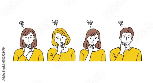 Diverse individuals contemplating complex problems, seeking solutions with thoughtful expressions