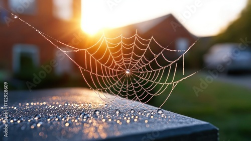 Glistening web, jeweled with morning dew, illuminated by the sun's golden rays in idyllic setting