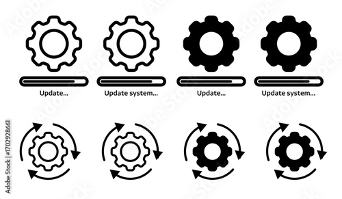 Gear Icons Showing System Update Progress, Isolated on White Background