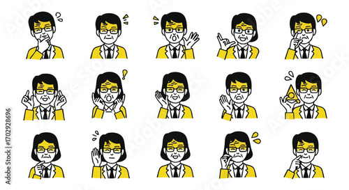 Professional business people express diverse emotions and ideas with simple line art icons