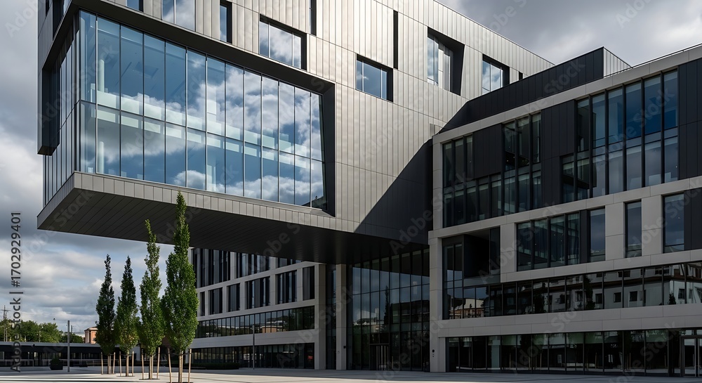 Obraz premium Contemporary architectural marvel, showcasing innovative design and urban integration on a cloudy