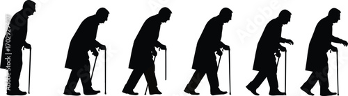 Elderly man walking, cane support, silhouette sequence, mobility recovery, physical therapy, aging health, posture improvement, rehabilitation, senior movement, progress steps
