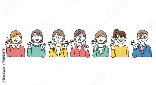 Diverse group of professionals smiling and gesturing positively in a modern, clean style