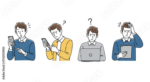 Confused men with gadgets struggling with technology and information overload