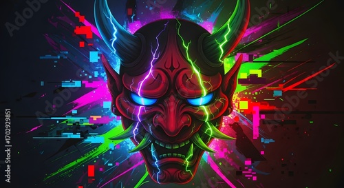 Cyberpunk Oni Mask with Glowing Neon Accents and Circuit Details