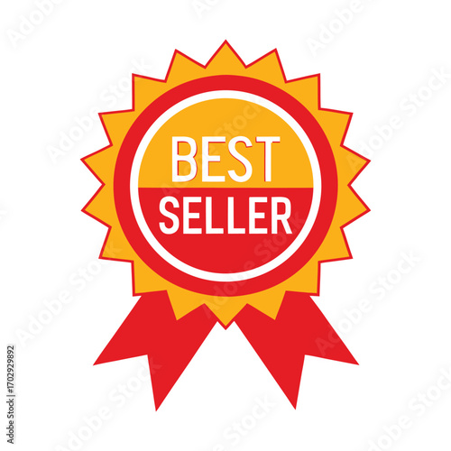 Best seller badge vector icon in yellow and red for marketing, promotion, online store highlights, product labels, and retail branding. Perfect for stickers, web banners, and advertisements.