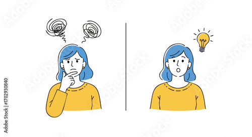 Woman thinking, then having a bright idea, symbolizing problem-solving and innovation in business and life.