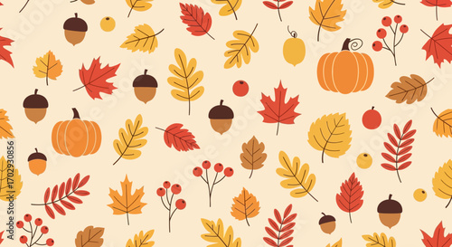 Cozy autumn seamless pattern with colorful fall leaves, pumpkins, and acorns for seasonal harvest celebration design