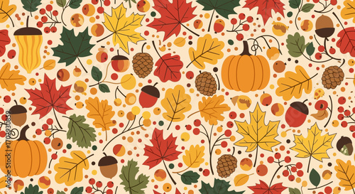A vibrant seamless pattern celebrating the autumn season with colorful fall leaves, festive pumpkins, acorns, and pinecones for a harvest festival background