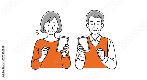 Elderly couple looking confused and frustrated with their smartphones