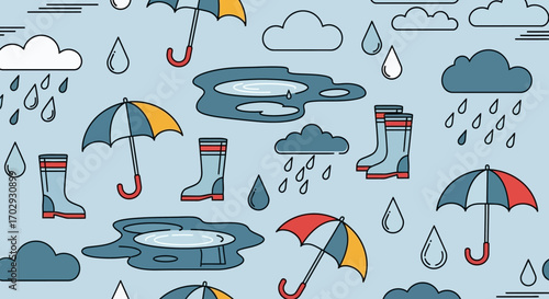 Whimsical rainy weather seamless pattern with colorful umbrellas, boots, clouds, and puddles on a blue background