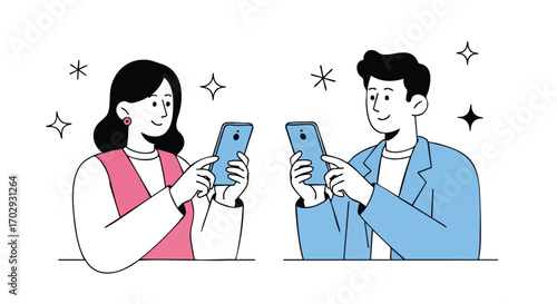 Engaging illustration of social interaction, modern couple using mobile phones for communication and connection