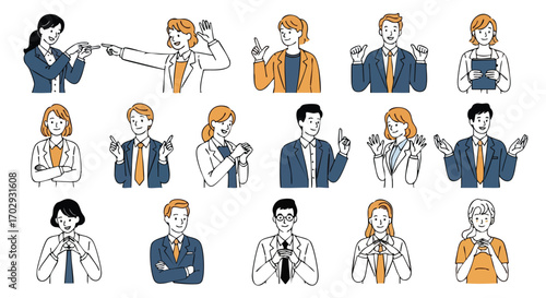 Diverse business professionals convey ideas and emotions with expressive gestures in clean modern illustrations.