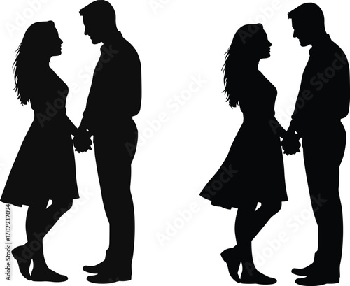 PrintRomantic couple silhouette, holding hands, love concept, emotional connection, mirrored pose, black and white, relationship, unity, affection, timeless moment
