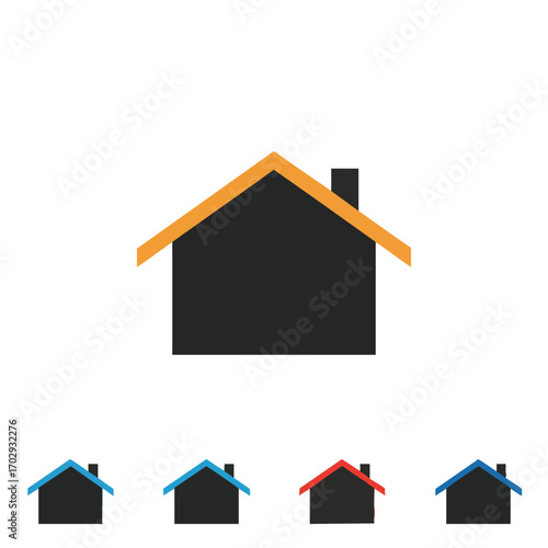 A minimalist flat design icon featuring a simple house with a prominent colored roof, representing concepts of home, property, and real estate for digital applications.