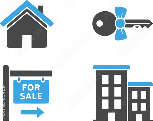 Real Estate Icon Set Home, Key, Sign, and Buildings